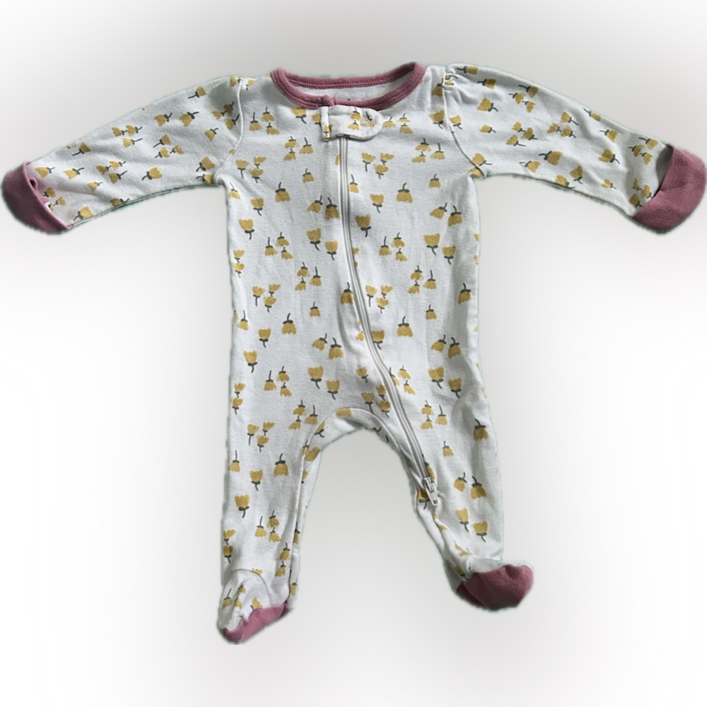 Newborn Zippered Footie Onesie Sleeper with Yellow Flowers and Built in Mittens